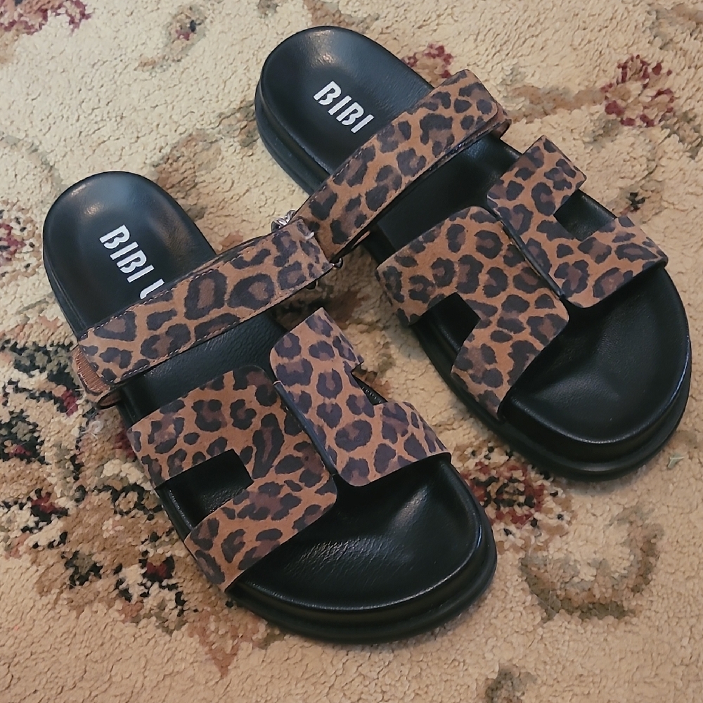 BiBi Lou - Anthro Brand - Brown and Black Leopard Slide Sandals